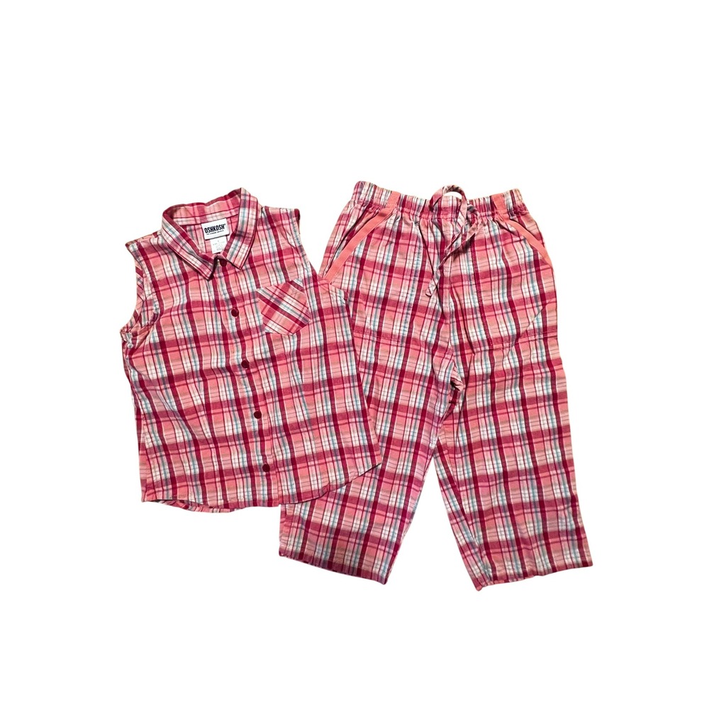 Vintage OshKosh Plaid Set Sleeveless‎ Top Cropped Pants Pink Girls 6